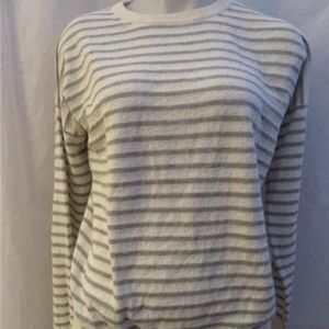 THEORY WHITE,GRAY STRIPED TERRY TEXTURED  SWEATERM